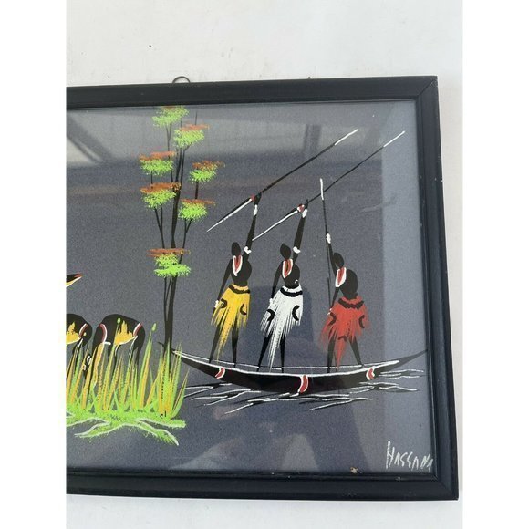 African Tribal Hunting Water Boat Landscape Scene Painting Signed - Picture 3 of 5